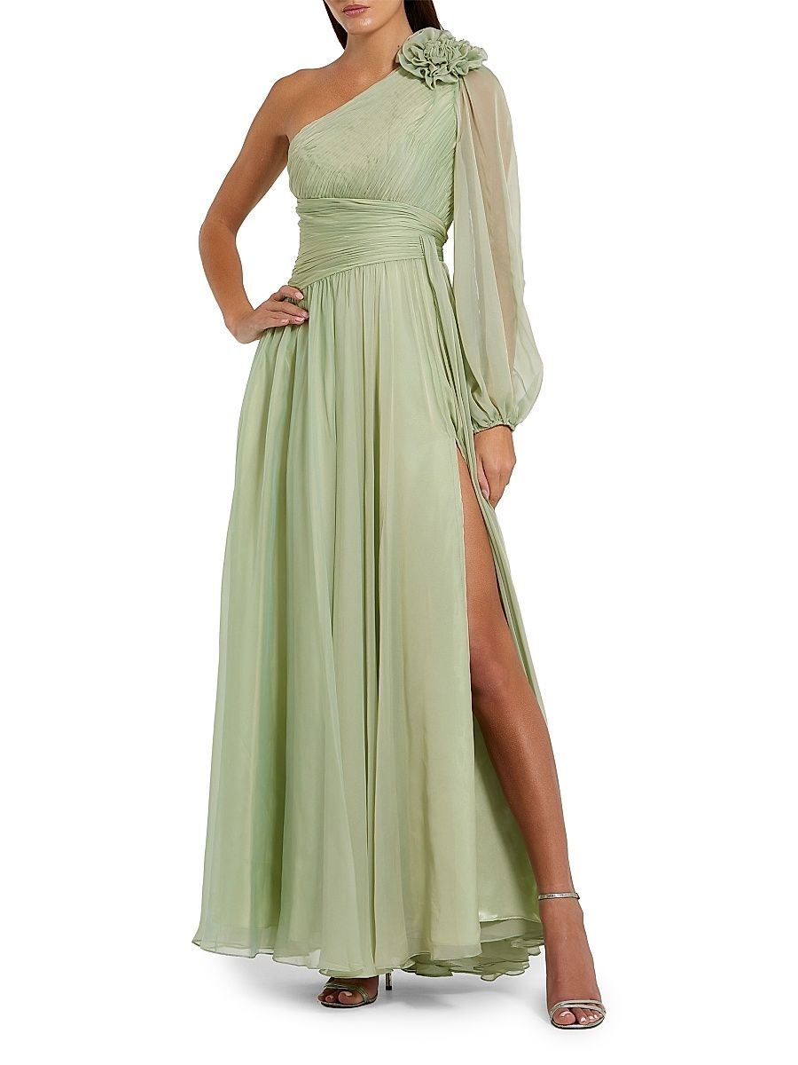 Women's Appliqué Chiffon One-Sleeve Gown - Sage - Size 14