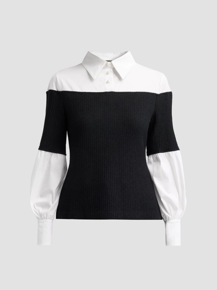 Ming Wang Women's Mixed-Media Layered Top - Black White - Size XS