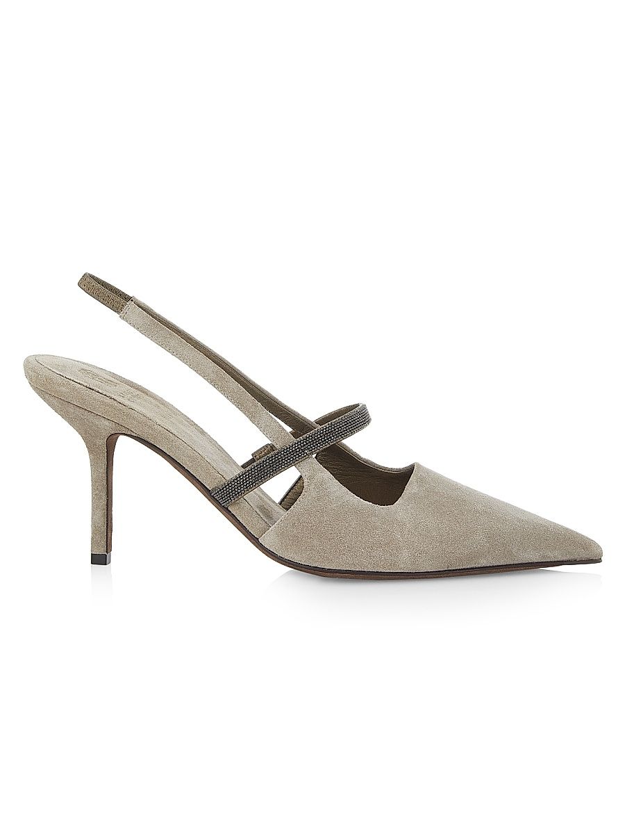 Women's Beaded Suede 80MM Slingback Pumps - Grey - Size 9.5