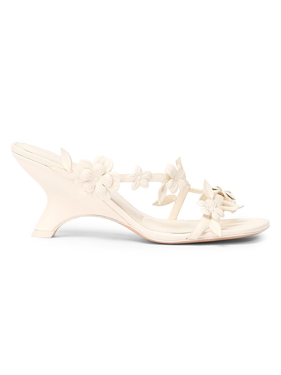 Women's Willow 75MM Floral-Appliqué Leather Wedge Sandals - Ivory - Size 9