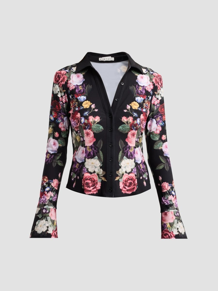 ALICE + OLIVIA Women's Freya Floral Fitted Top - Hollywood Dreams Black - Size XS