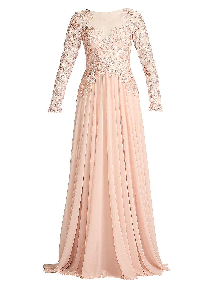 Women's Lace-Embroidered Pleated Gown - Pale Pink - Size 2