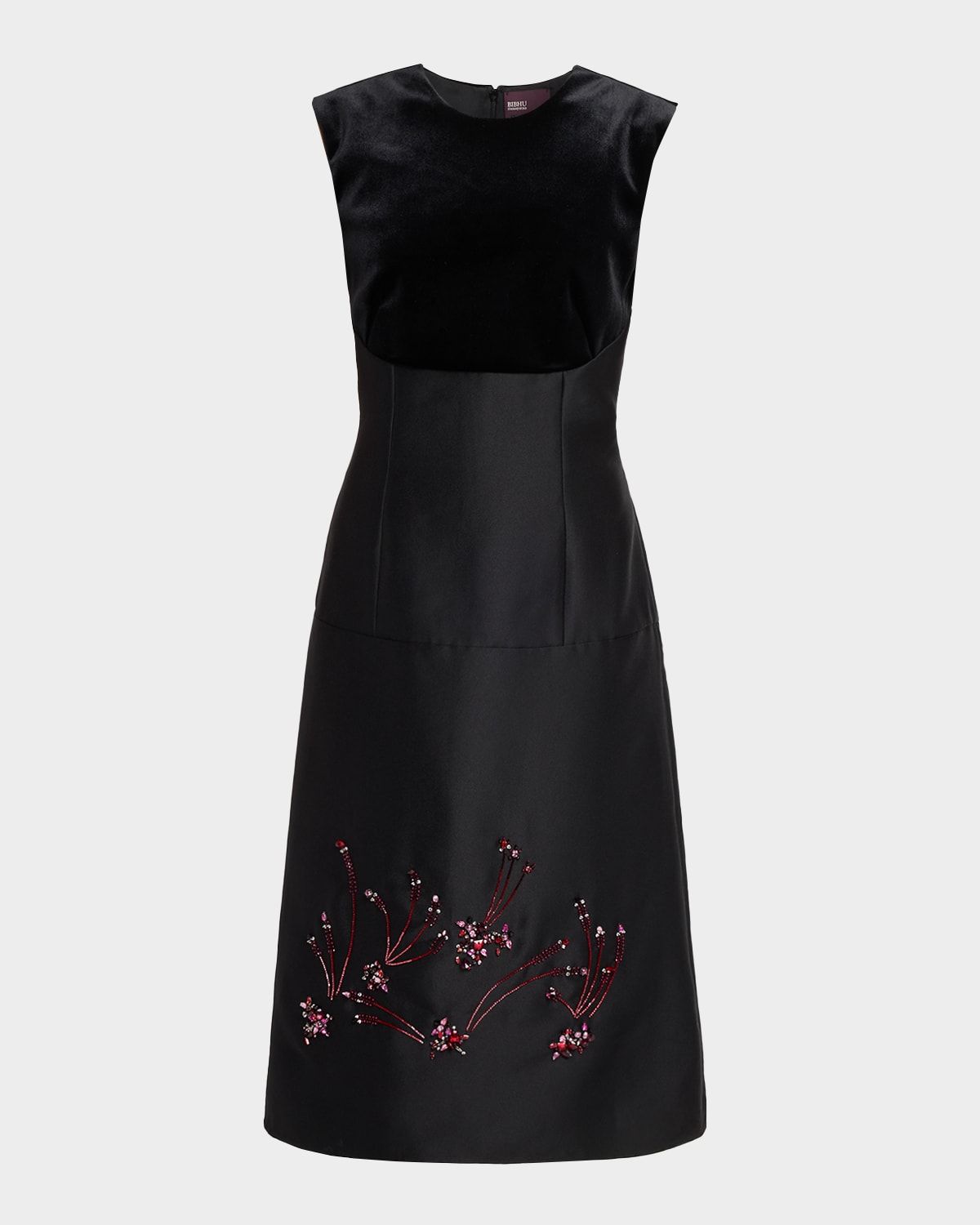 Mixed-Media Crystal Embroidered Silk Gazar Midi Dress