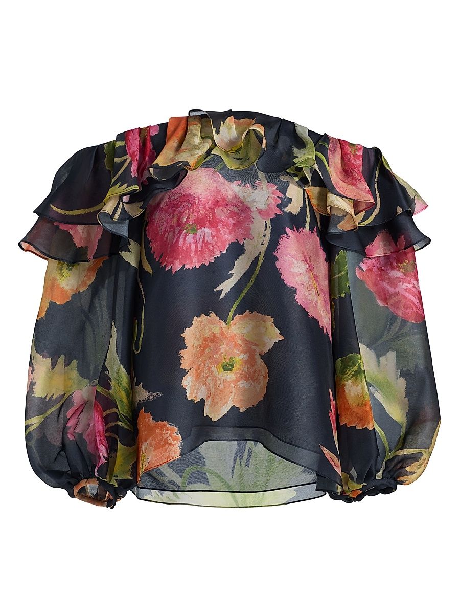 Women's Floral Silk Organza Puff-Sleeve Blouse - Midnight Multi - Size 14