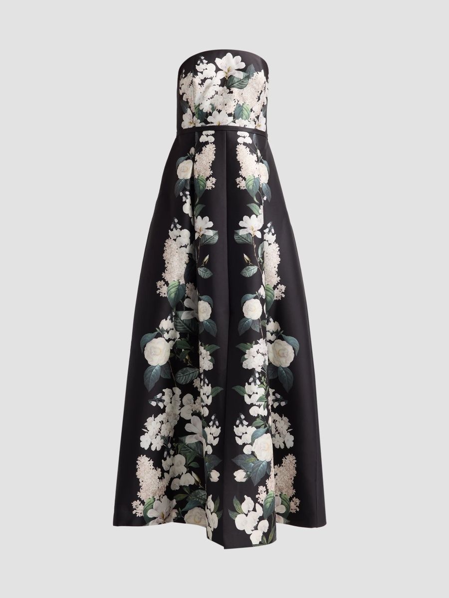 Women's Gillian Floral Strapless A-Line Gown - Ink Ivory Blooms - Size 10