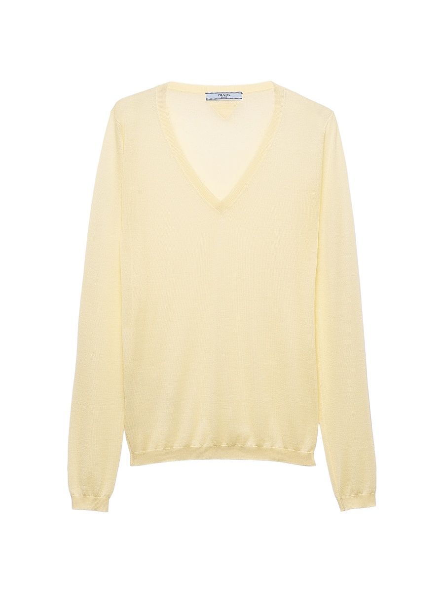 Women's Cashmere and Silk V-Neck Sweater - Yellow - Size 6