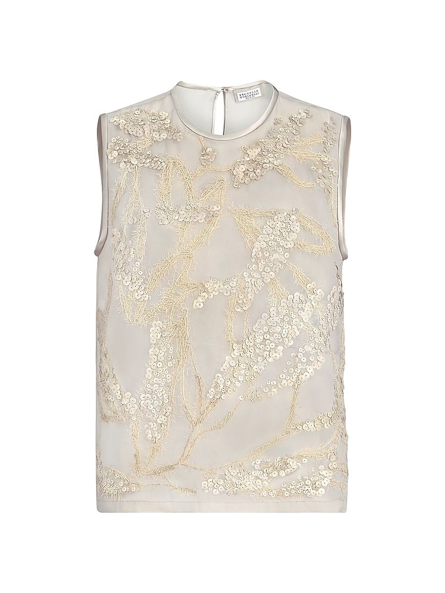Women's Crispy Silk Top with Dazzling Seabed Embroidery - Beige - Size XXL