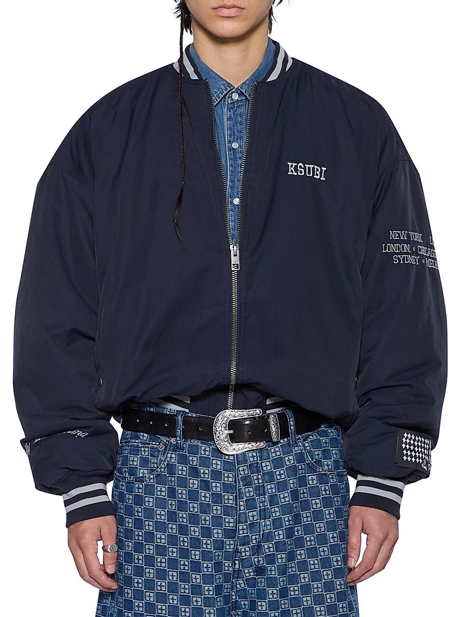 Men's Neo Nostalgia Royalty Logo Cotton-Blend Bomber Jacket - Navy - Size Large