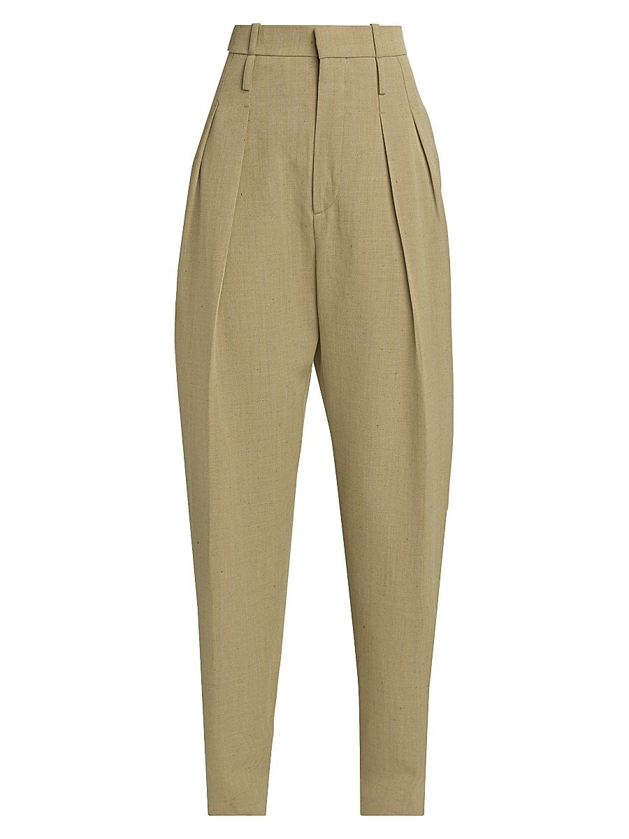 Women's Tapered Wool-Linen Blend Trousers - Green Lavamel - Size 10