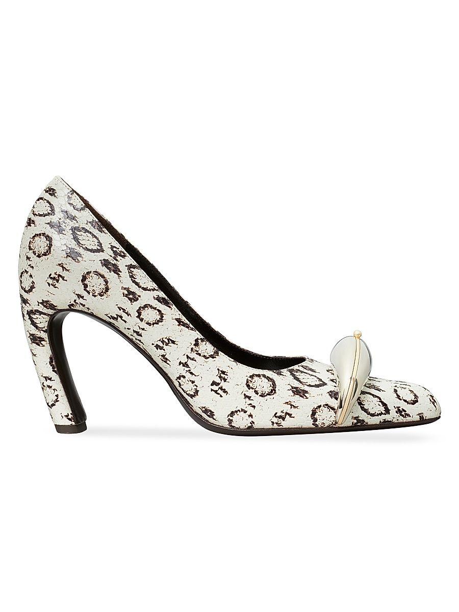 Women's Pierced Xl 90MM Snakeskin-Print Leather Pumps - White Black - Size 9
