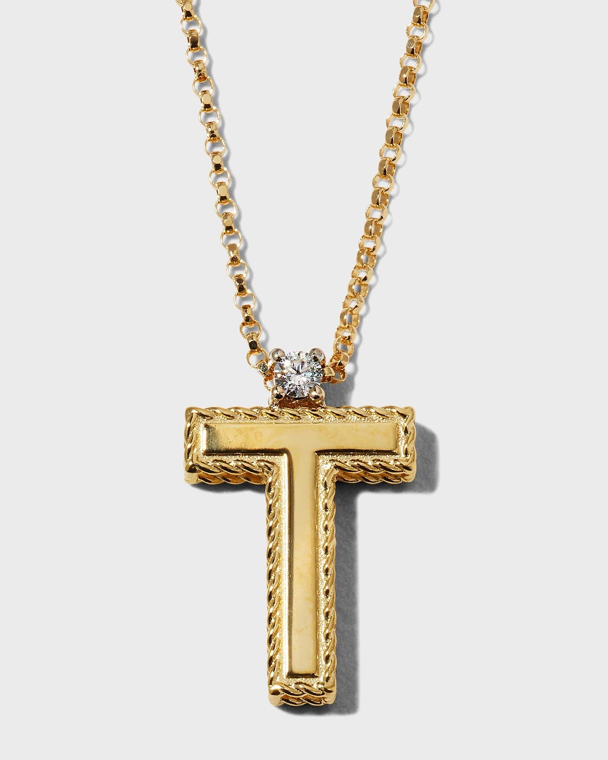 Princess 18K Yellow Gold Diamond Initial Necklace, T
