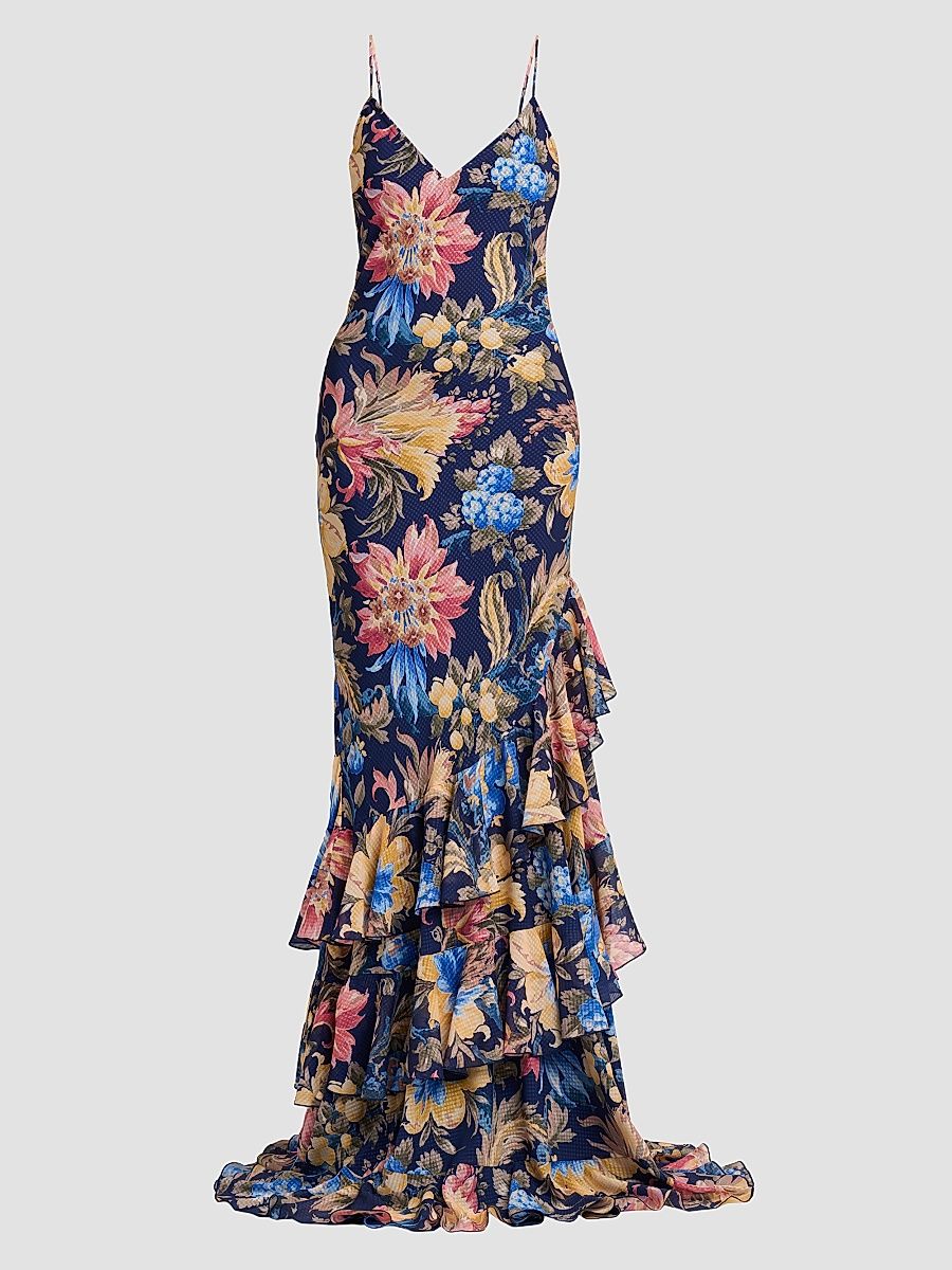 Women's Botanical-Print Tiered Ruffled Gown - Printed Blue Base - Size 0