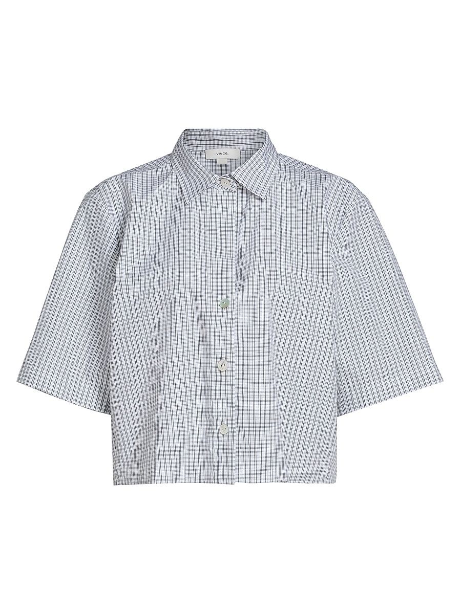 Women's Cropped Check Cotton Shirt - Off White Coastal - Size XS