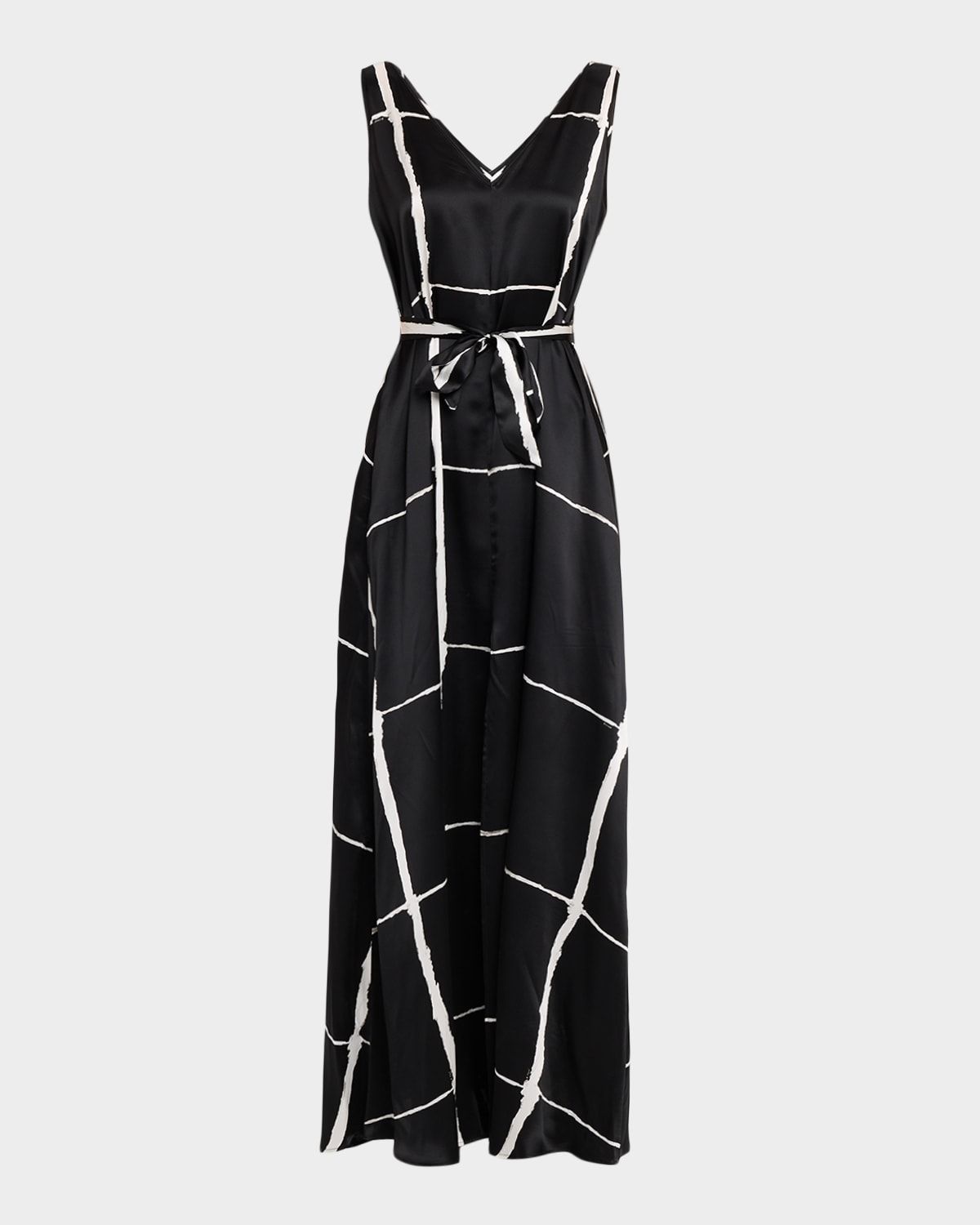Sleeveless Check Silk Belted Maxi Dress
