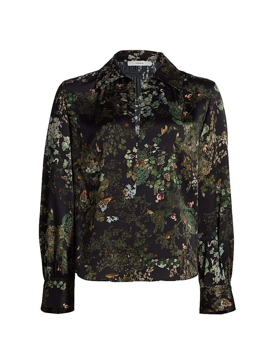 Women's Grape Vine Silk V-Neck Blouse - Black Sky - Size Medium