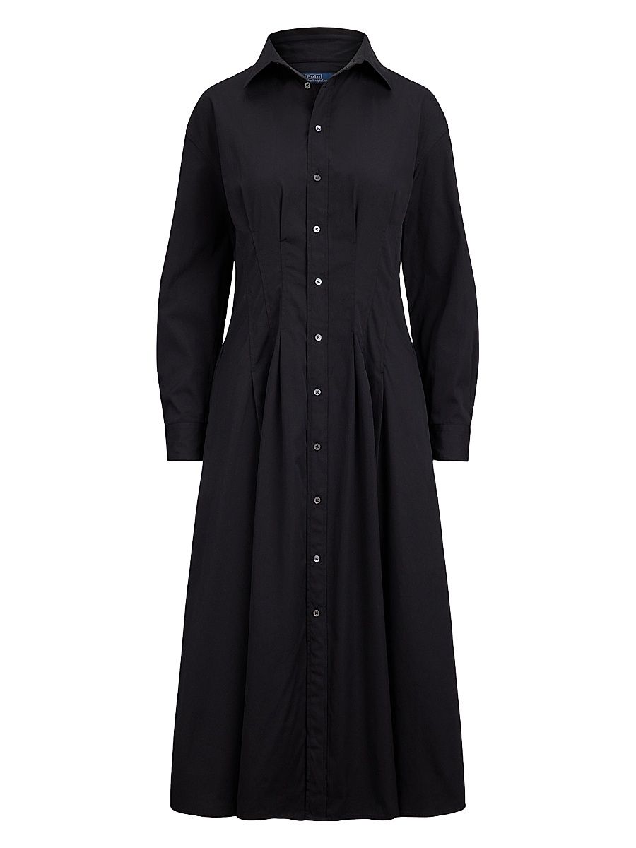 Women's Pleated Cotton-Blend Fit & Flare Shirtdress - Polo Black - Size 2
