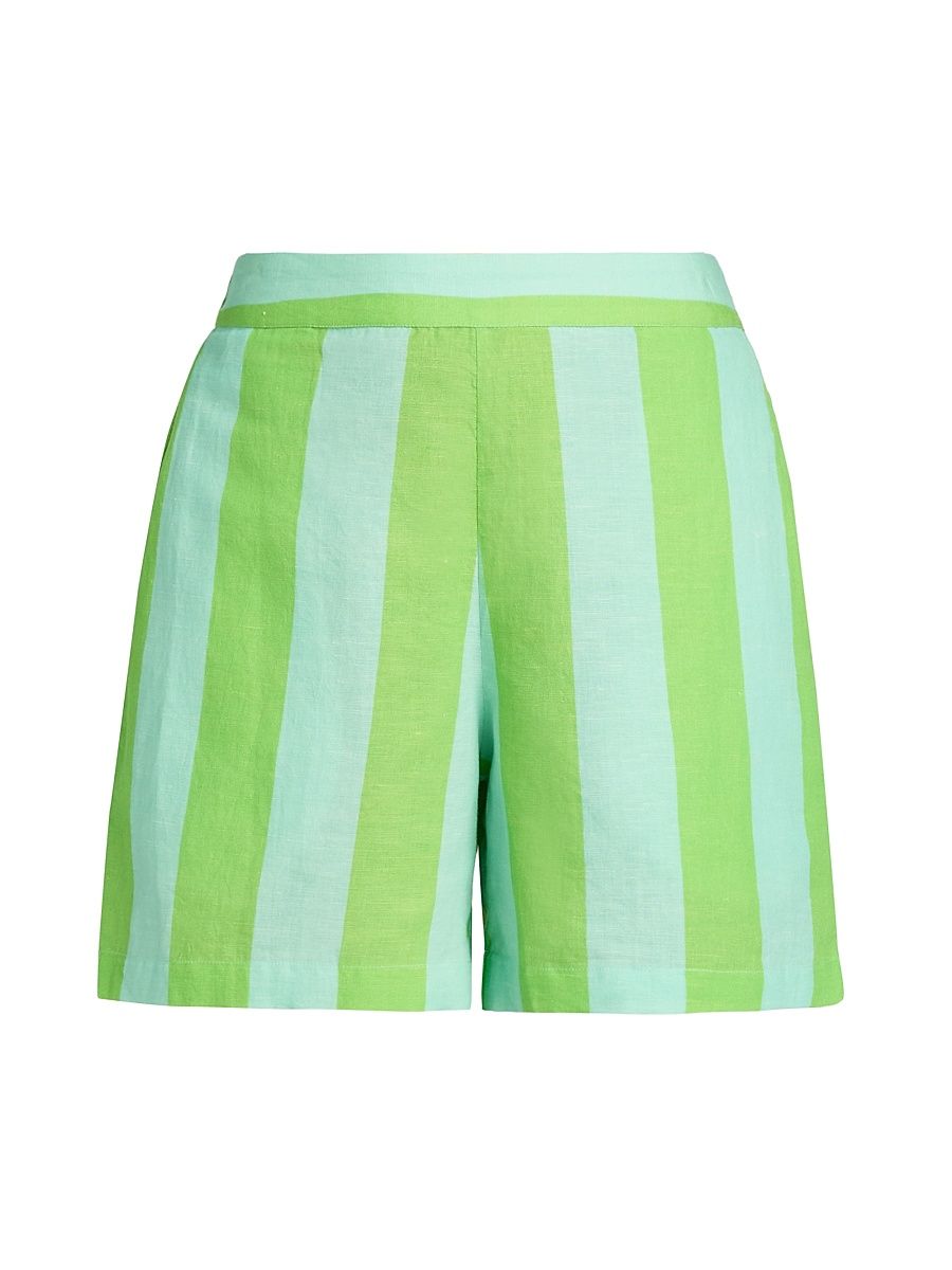 Women's Ammama Summer Linen-Cotton Shorts - Aqua And Green Stripes - Size Small