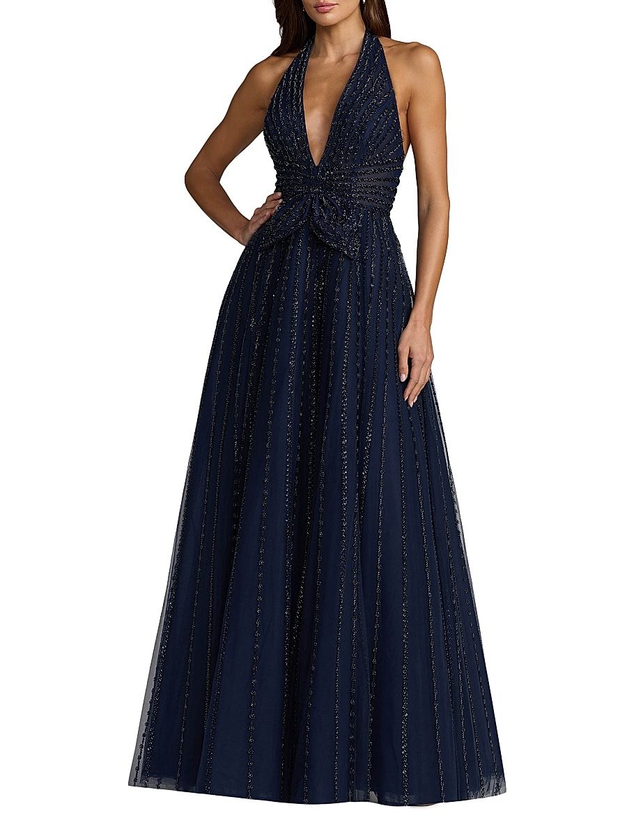 Women's Beaded Mesh Fit-&-Flare Gown - Midnight - Size 0