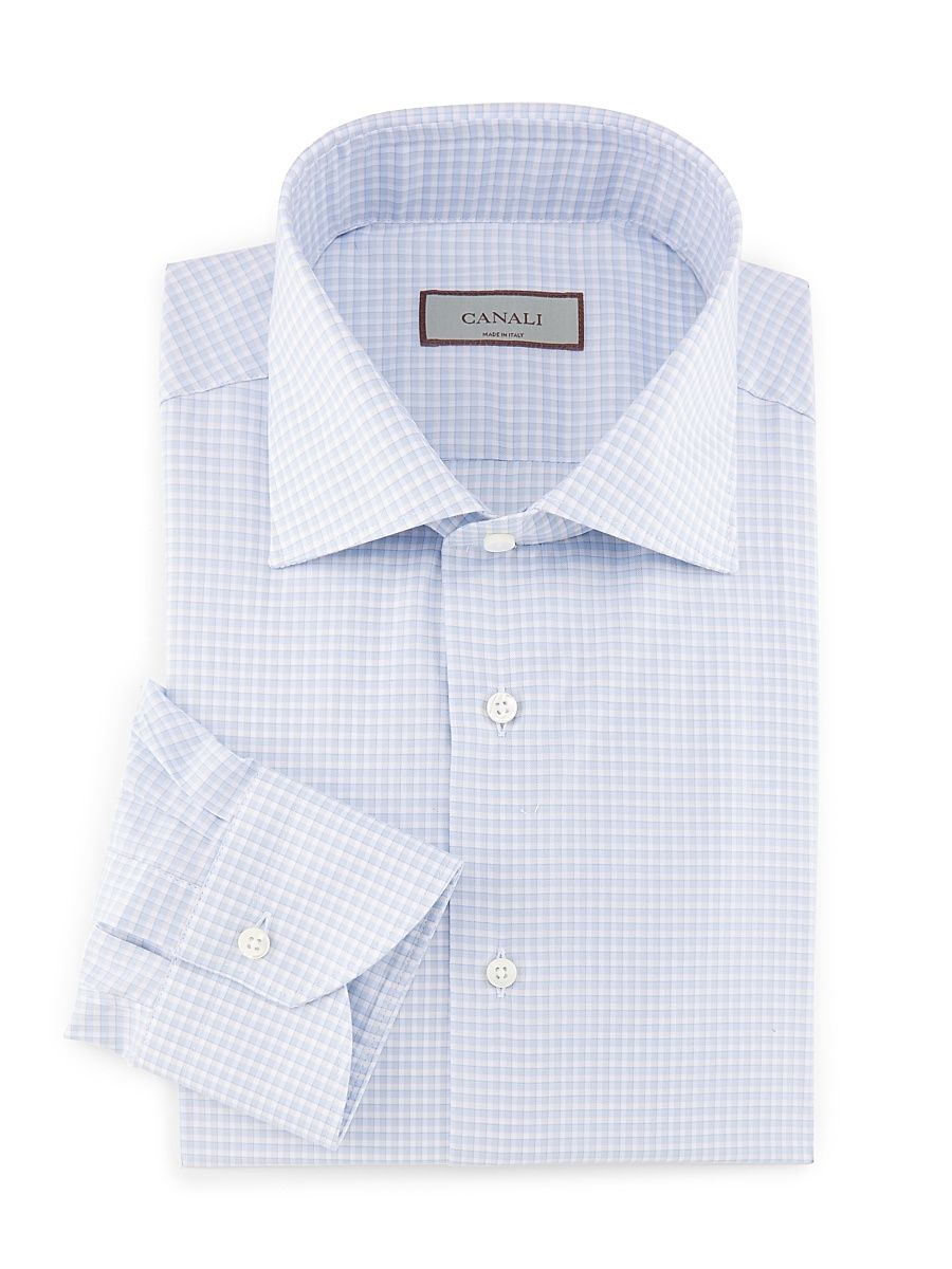 Men's Checked Cotton Dress Shirt - Light Blue - Size 16