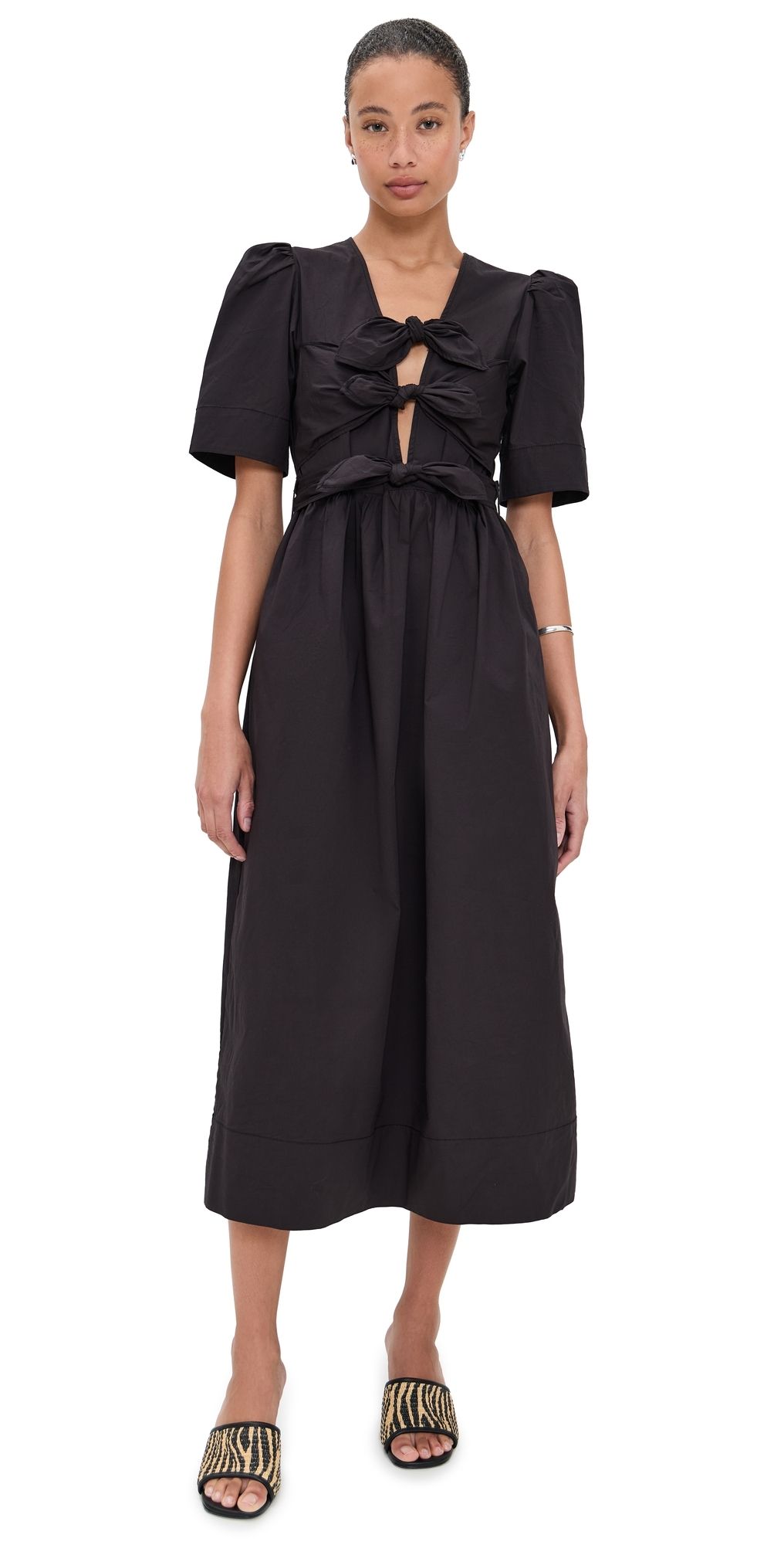 GANNI Stretch Cotton Tie Strap Midi Dress Black 34