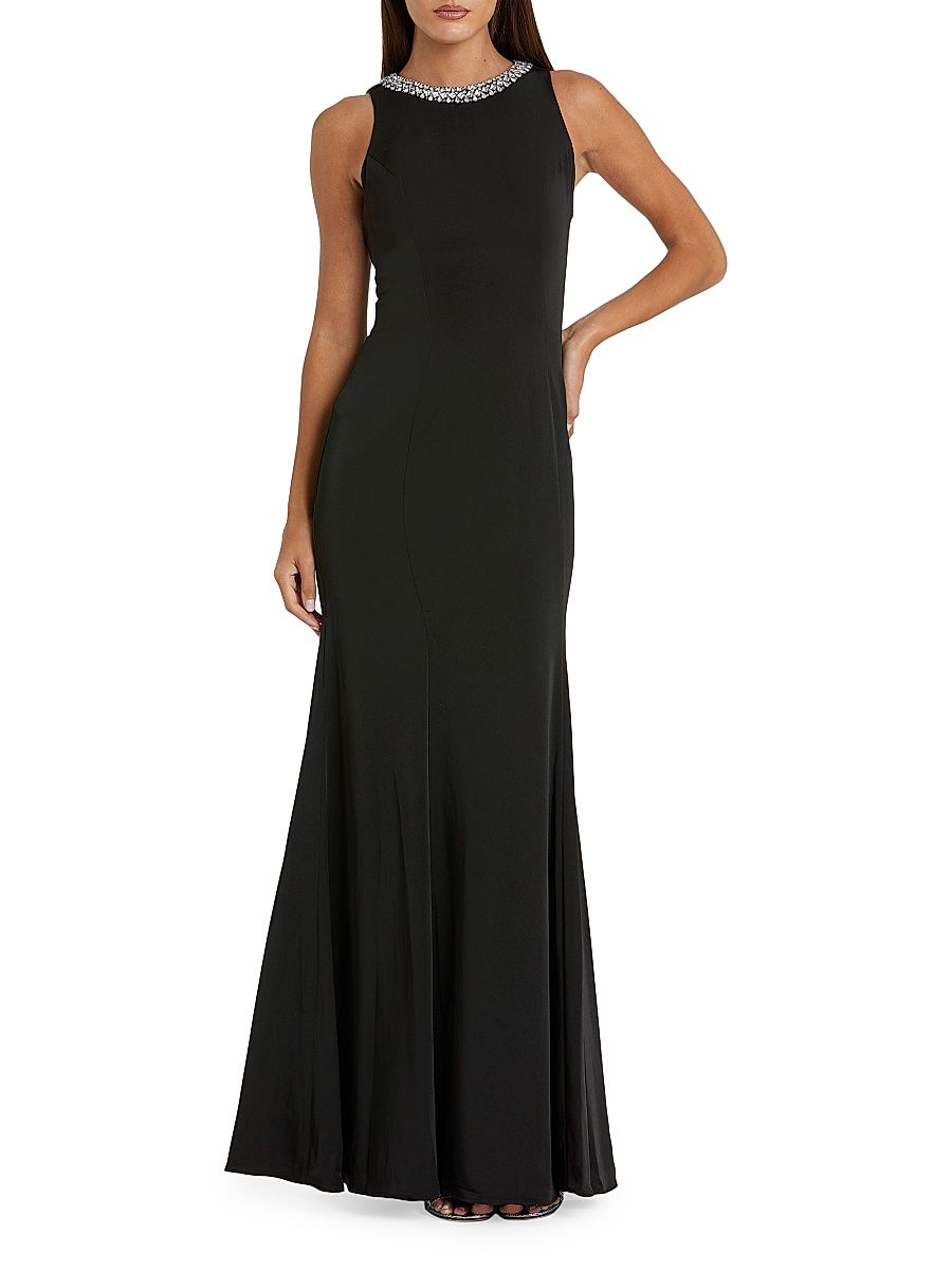 Women's Ieena Embellished Neck Satin Trumpet Gown - Black - Size 16