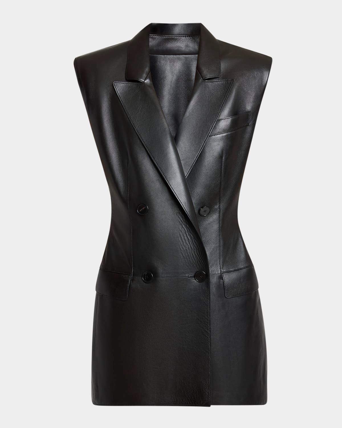 Sleeveless Double-Breasted Leather Jacket