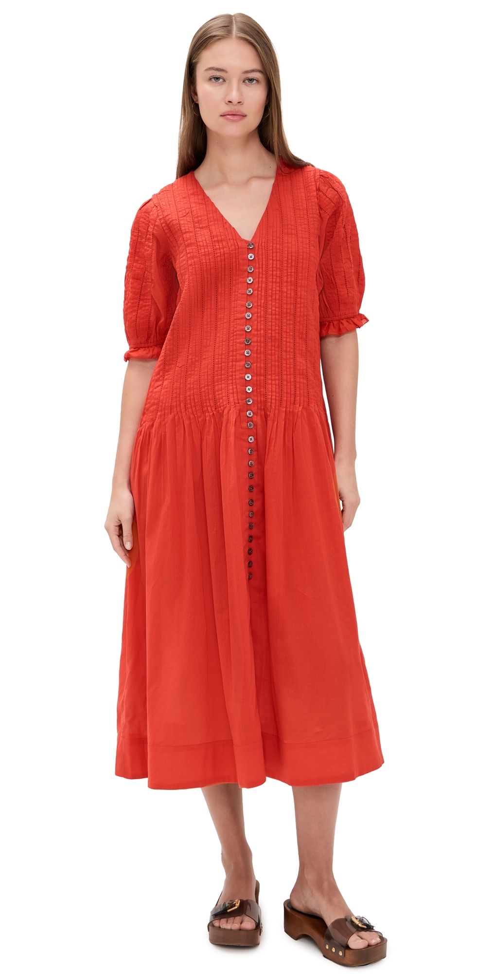 Sea Alberte Solid Puff Sleeve Dress Red L