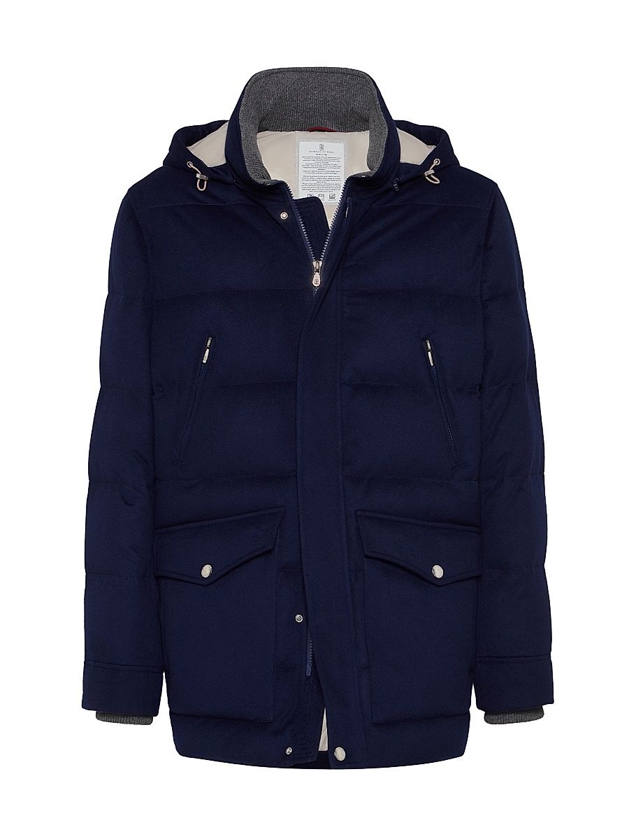 Men's Bonded Wool Flannel Down Jacket with Detachable Hood - Indigo - Size XS