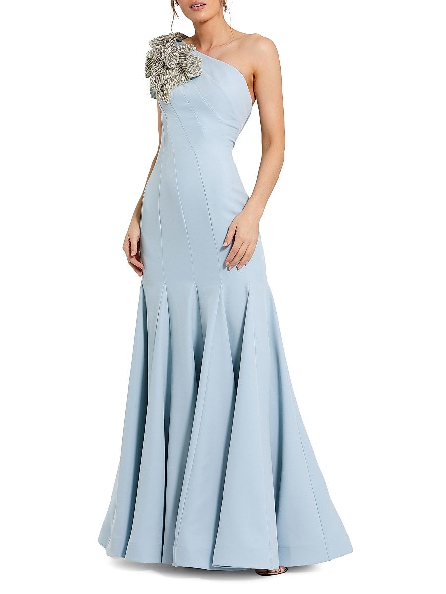 Women's Seamed Crepe One-Shoulder Gown - Powder Blue - Size 16