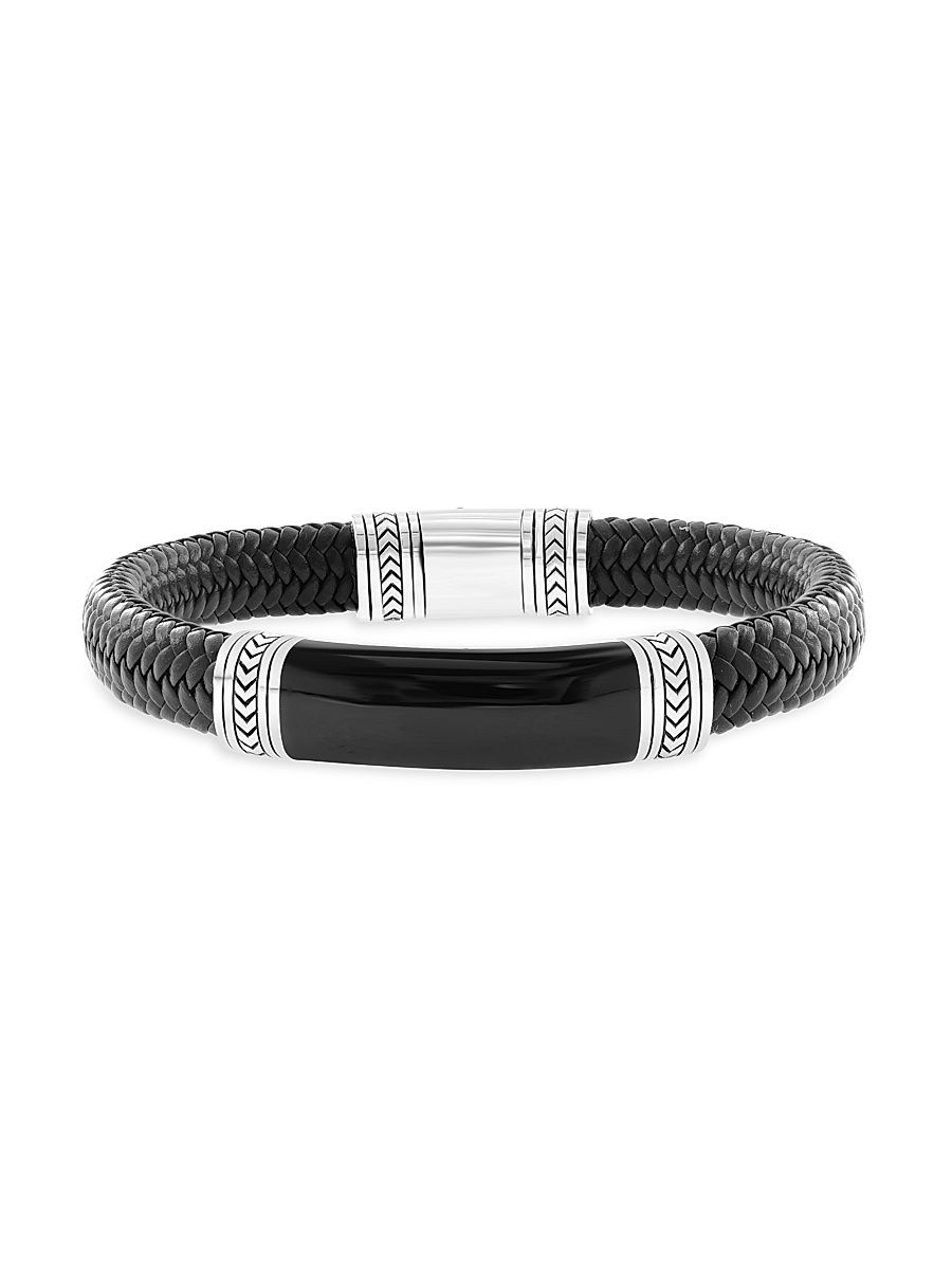 Men's Braided Leather, Sterling Silver & Black Onyx Bracelet - Sterling Silver