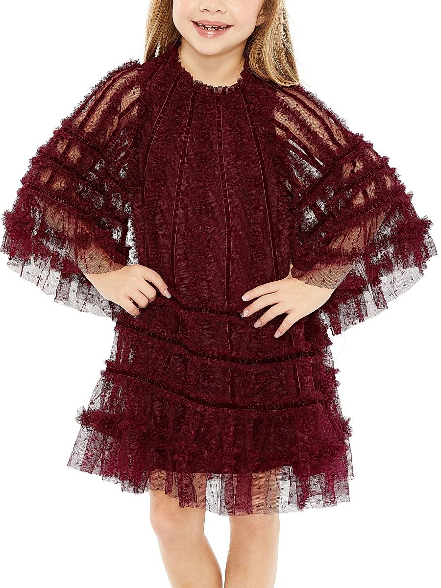 Little Girl's & Girl's Velvet-Trimmed Ruffle Minidress - Crimson - Size 10