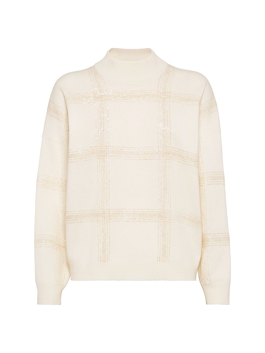 Women's Virgin Wool, Cashmere and Silk Mock Neck Sweater with Dazzling Checks Embroidery - Panama - Size XXXL