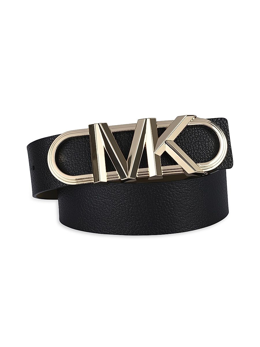 Women's MK Logo Buckle Leather Belt - Black - Size Small