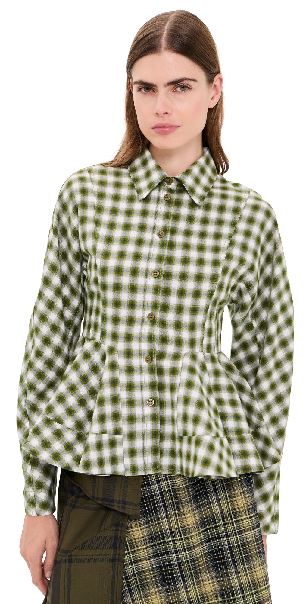 GANNI Light Check Flannel Peplum Shirt Green Moss 40