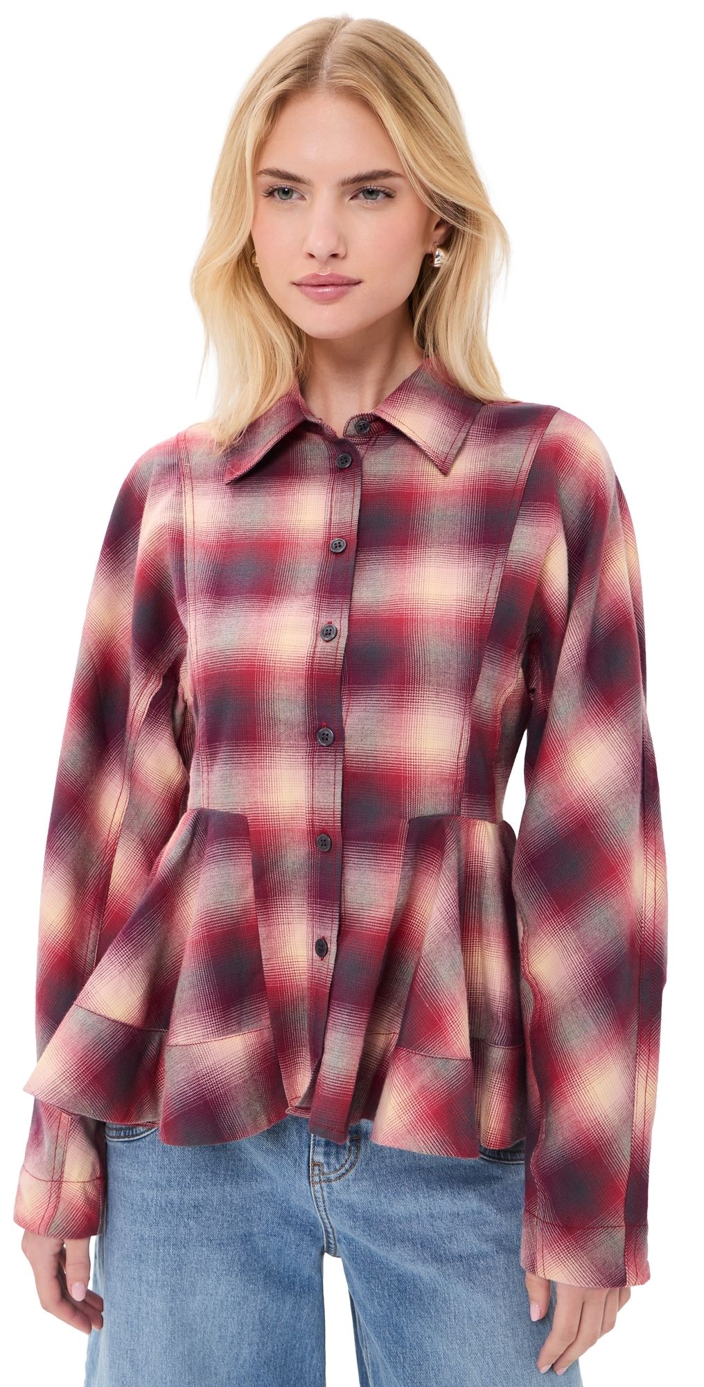 GANNI Cotton Flannel Check Peplum Shirt Raspberry Wine 38