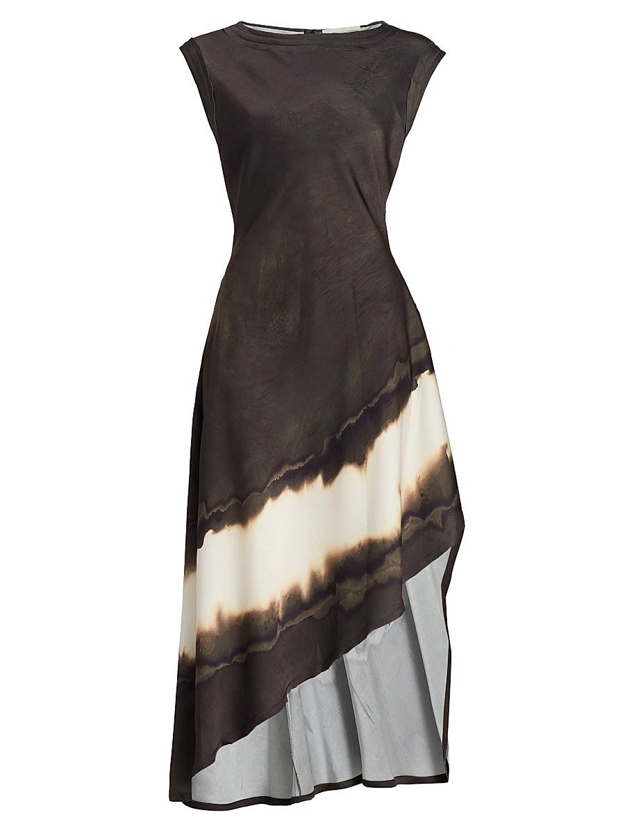 Women's Burned Striped Asymmetric Midi-Dress - Calico Brown Burnt Stripe - Size 14