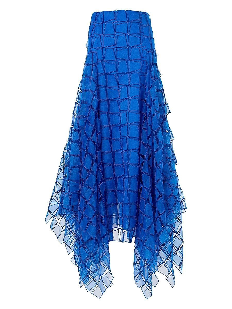 Women's Organza Silk Trapazoid-Embroidered Maxi Skirt - Lapis Blue - Size 2