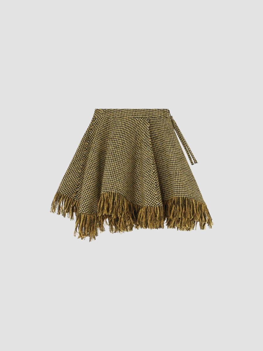 Ganni Women's Fringed Houndstooth Asymmetric Mini Skirt - Blazing Yellow - Size 14