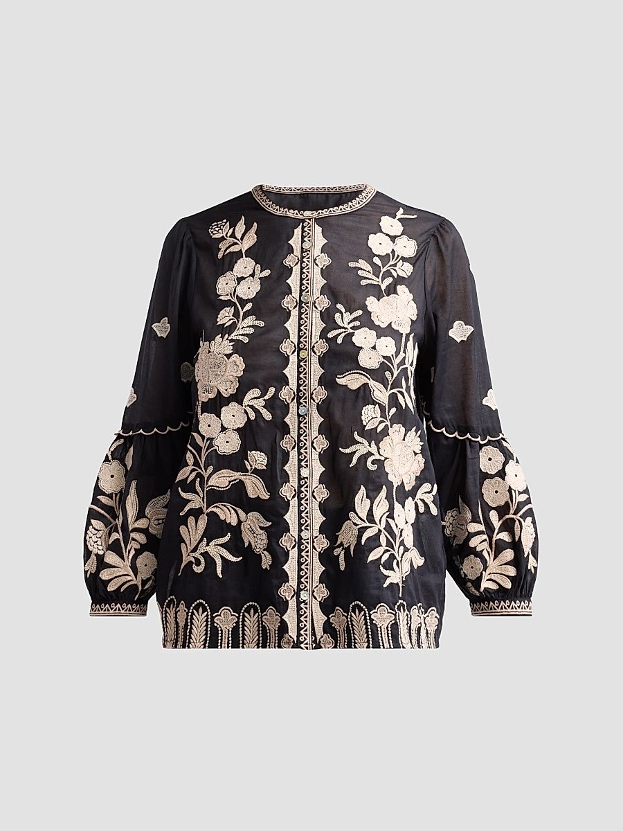Women's Scallop Embroidered Cotton Blouse - Black - Size XL