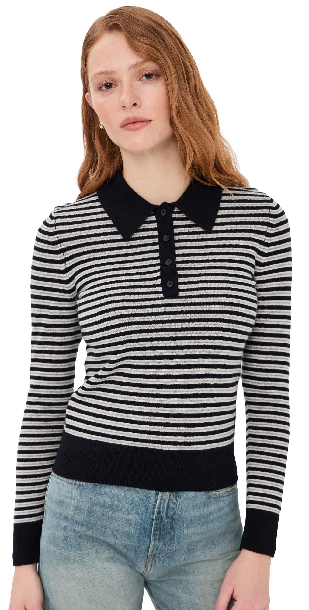 Nili Lotan Prescott Cashmere Stripe Polo Dark Navy/Grey Stripe M