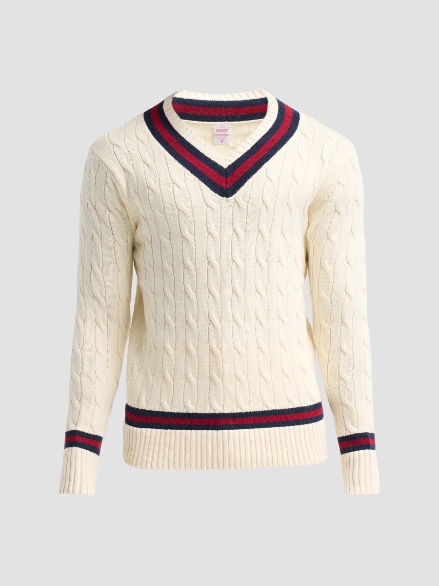 Men Cotton-Blend Cable-Knit Sweater - Ivory Maroon Navy - Size XXL