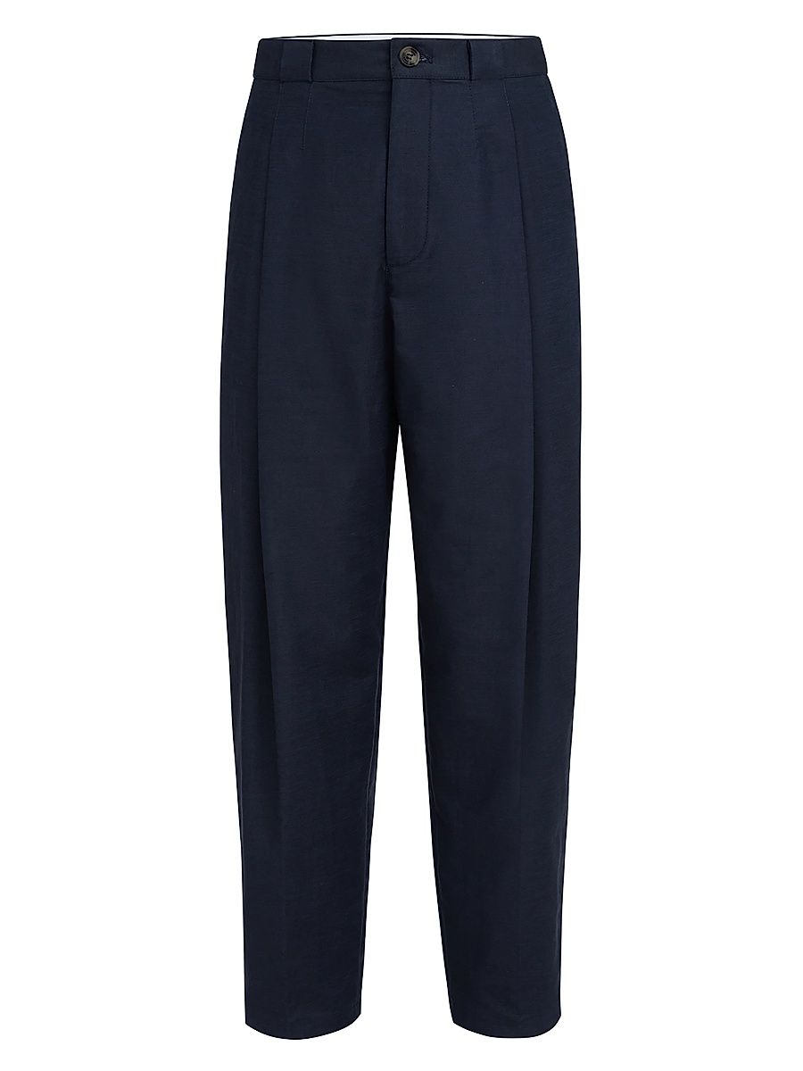 Men's Cotton and Linen Panama Pleated Trousers - Navy Blue - Size 44