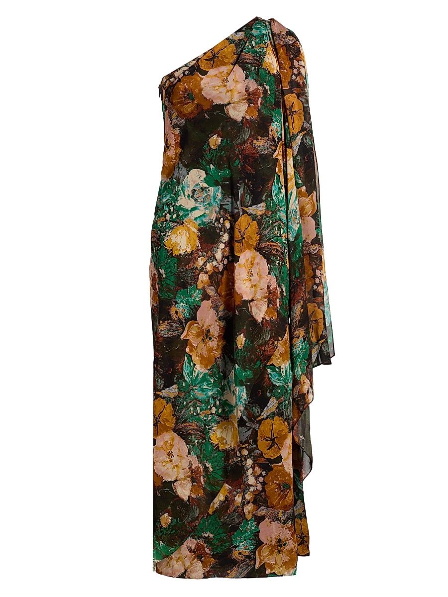 Women's Floral One-Shoulder Cocktail Dress - Green Yellow Multi - Size 0