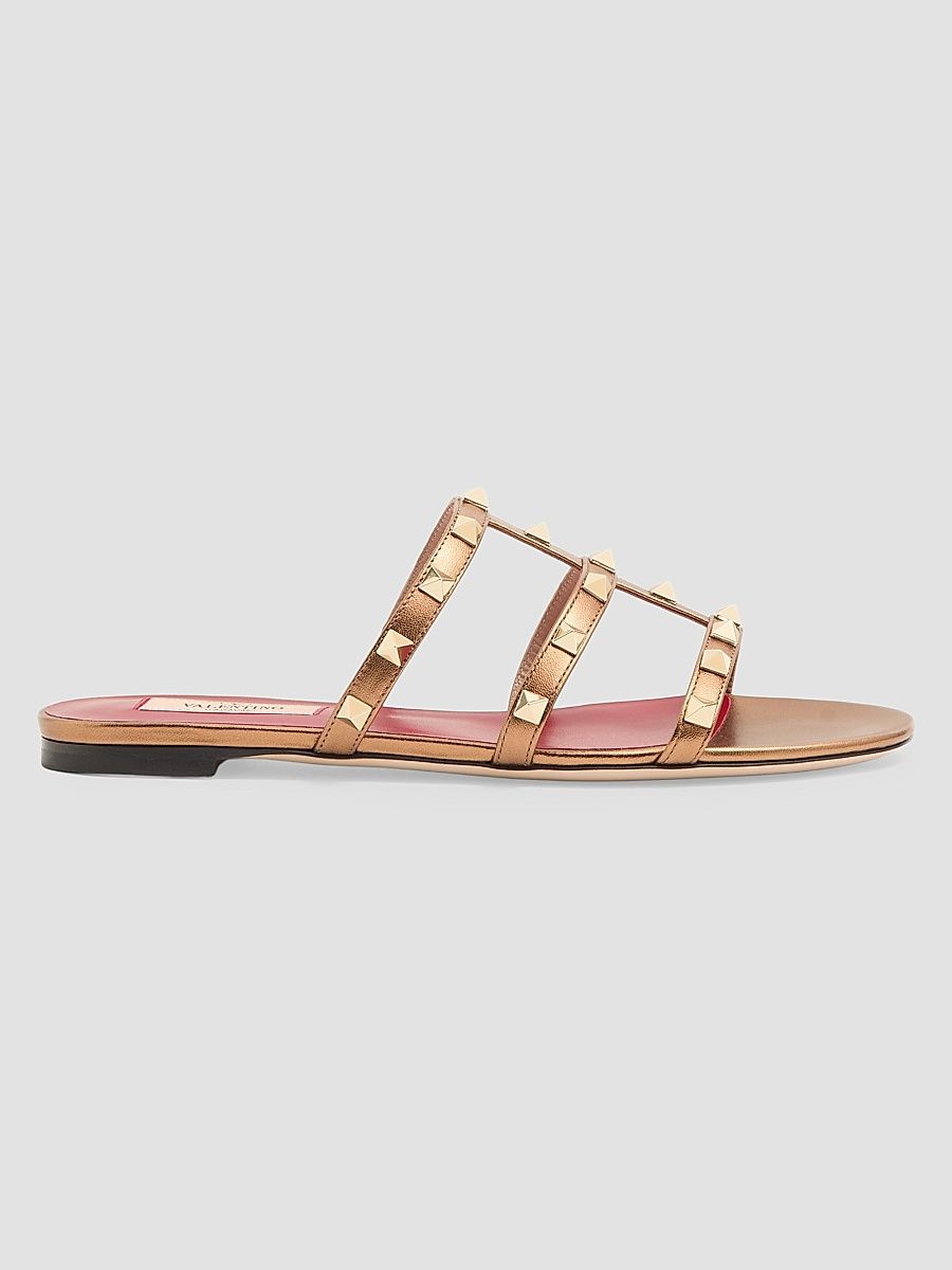 Women's Rockstud Laminated Nappa Slide Sandals - Gold - Size 11