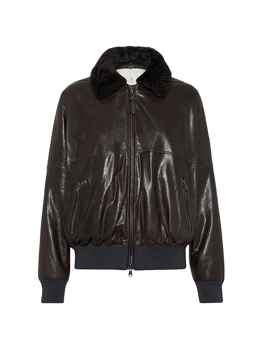 Women's Nappa Leather Aviator Bomber with Detachable Shearling Collar Monili - Cocoa - Size 10