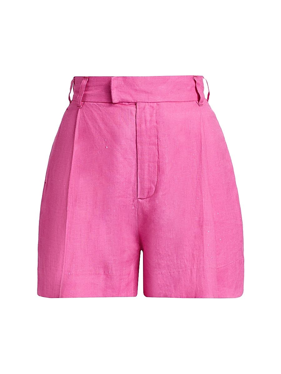 Women's Pleated High-Rise Linen Shorts - Fuchsia - Size 30