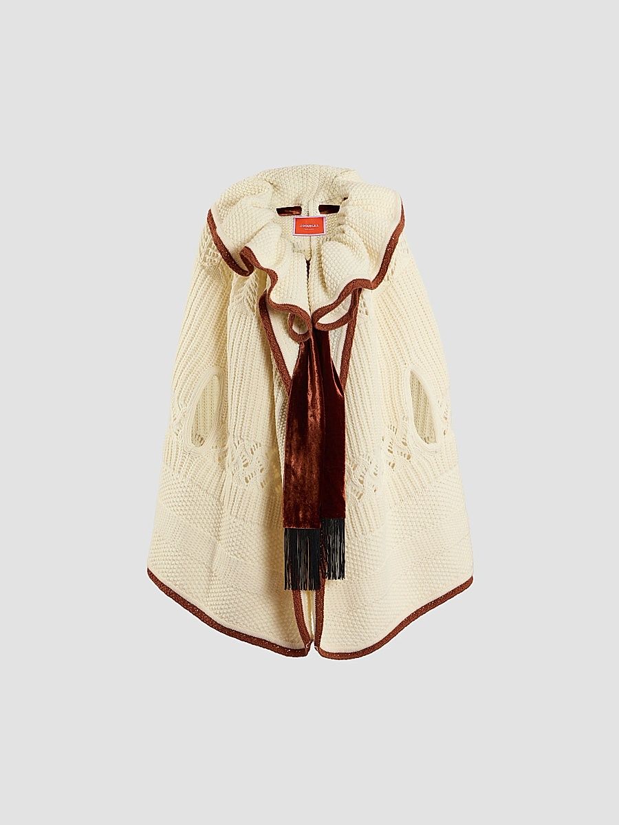 Women's The Weaver Long Cape - White Brown - Size XS
