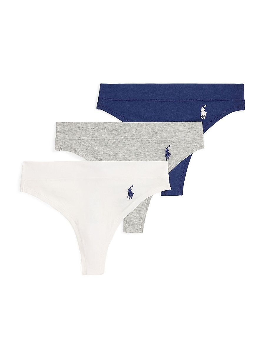 Women's Club Cotton 3-Pack Stretch-Cotton Logo Thong Set - White Grey Navy - Size XS