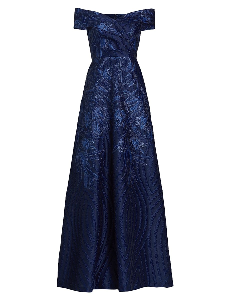 Women's Metallic Floral Off-The-Shoulder Gown - Navy - Size 14