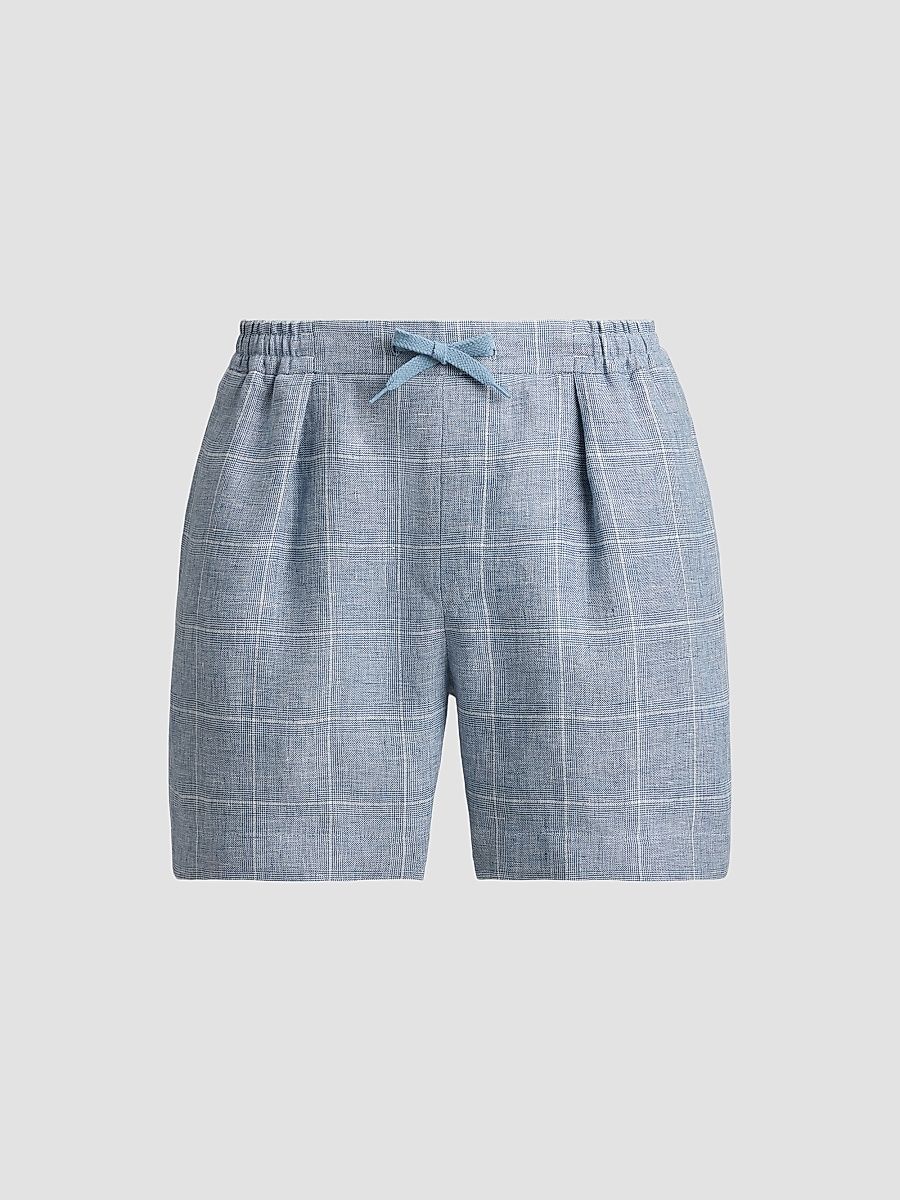 Men's Glen Windowpane Plaid Flat-Front Linen Shorts - Blue Horizon - Size 38